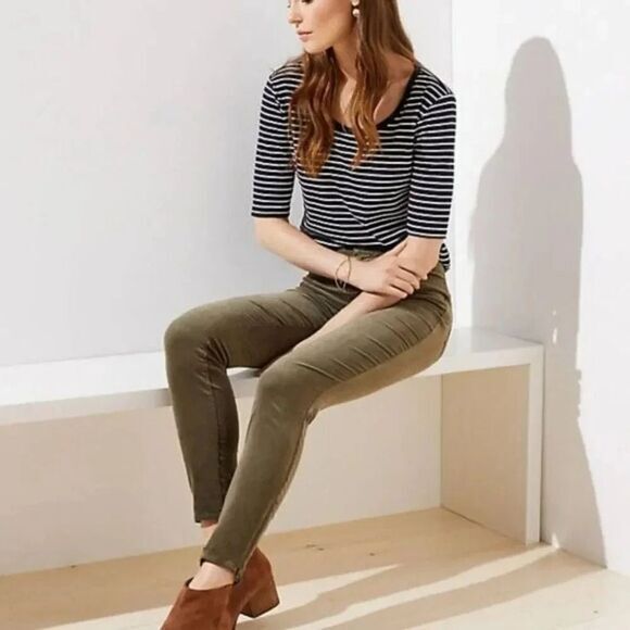 T4‎ LOFT Corduroy Skinny Pants Olive Green Zipper Ankle Casual Career - Picture 1 of 5